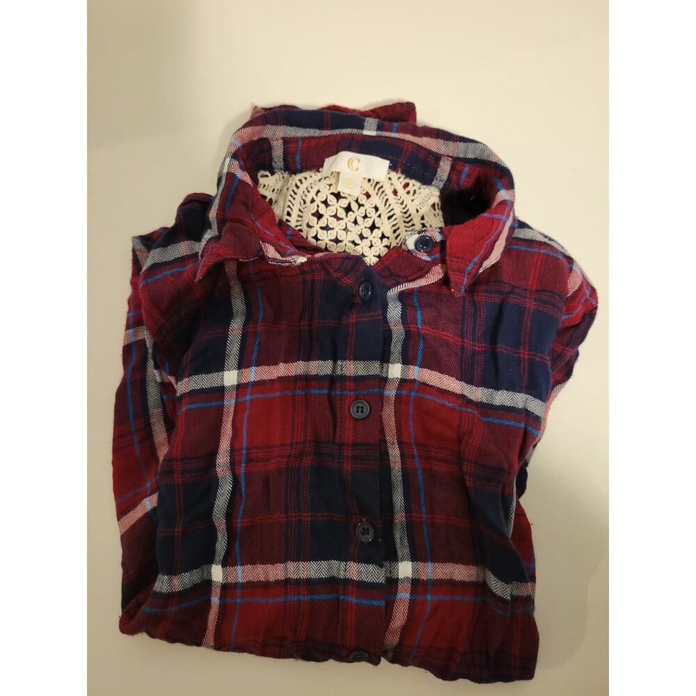 Charming Charlie Red Black White Flannel Shirt with Crochet Cutout-Small (S)